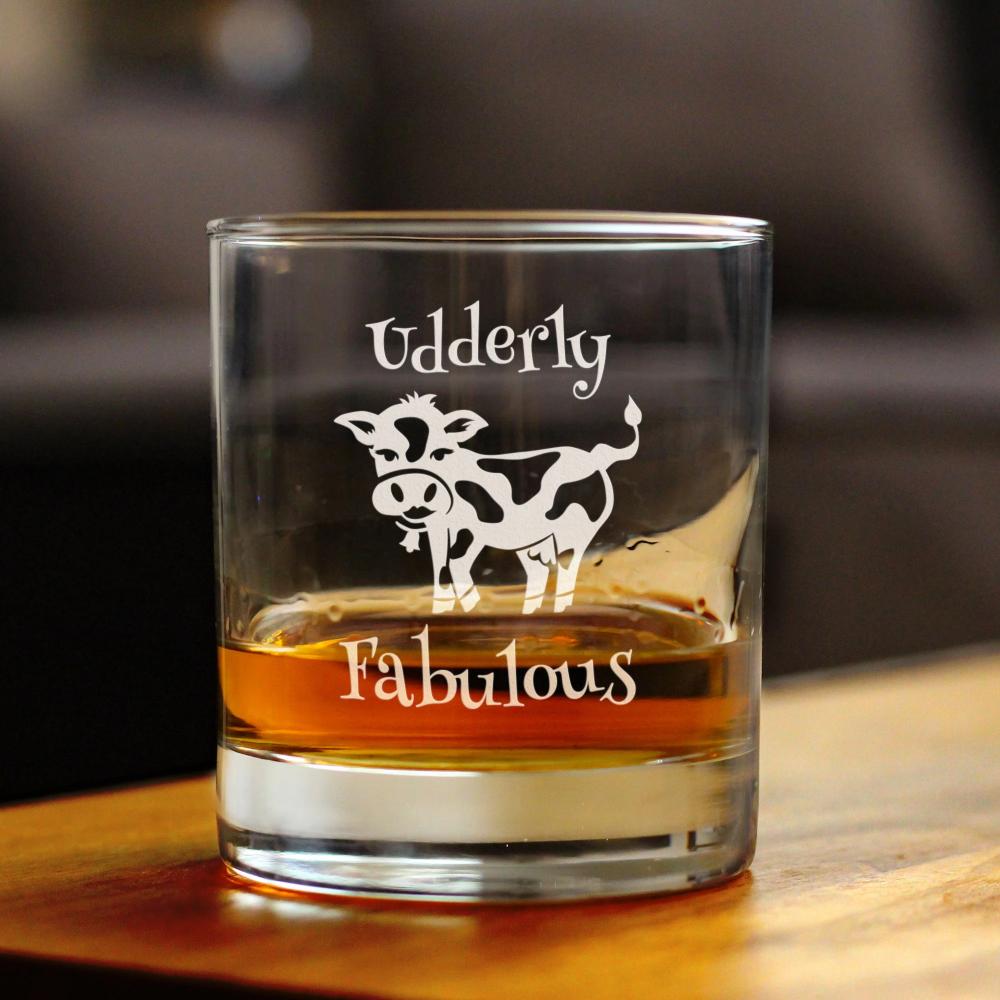 Udderly Fabulous Whiskey Rocks Glass - Funny Cute Cow Gifts for Women Who Love Drinking Whisky &amp; Etched Sayings Decor - 10.25 oz