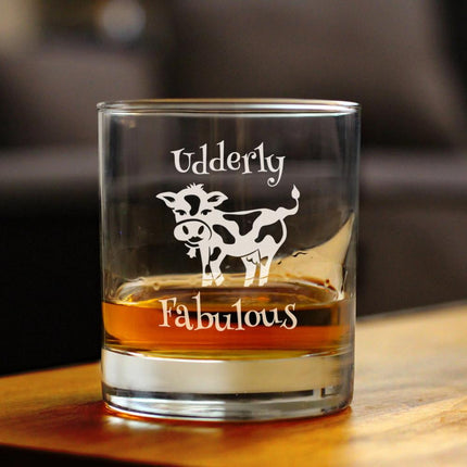Udderly Fabulous Whiskey Rocks Glass - Funny Cute Cow Gifts for Women Who Love Drinking Whisky & Etched Sayings Decor - 10.25 oz