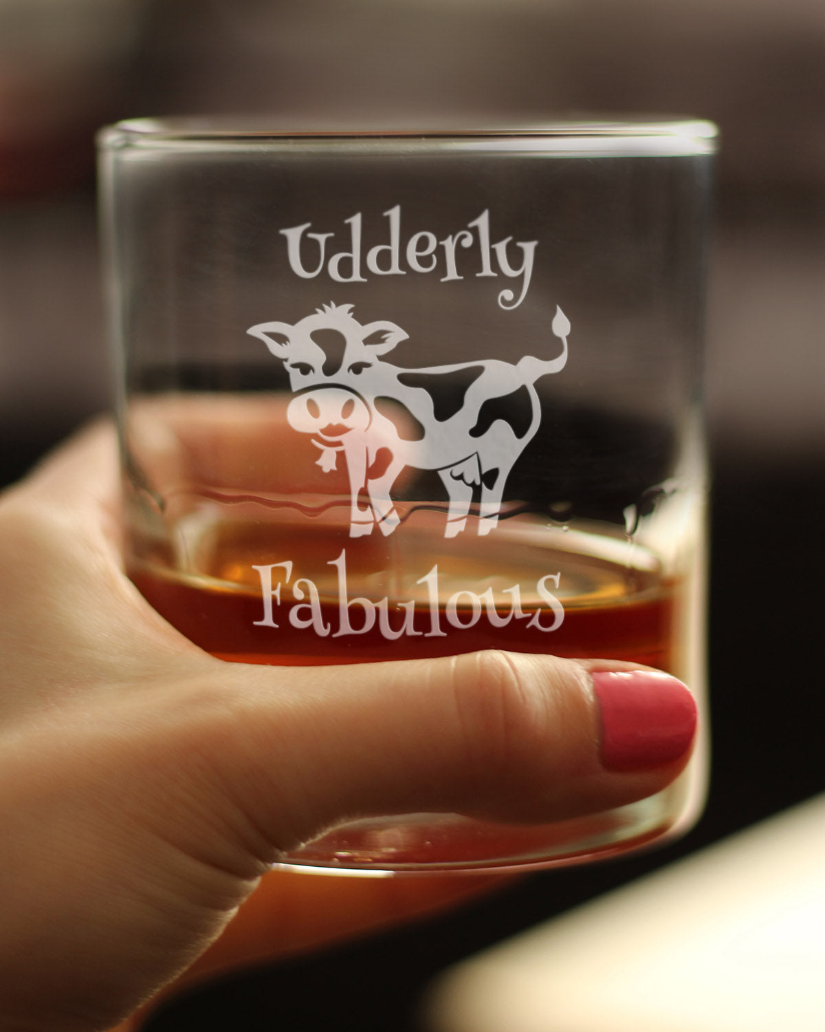 Udderly Fabulous Whiskey Rocks Glass - Funny Cute Cow Gifts for Women Who Love Drinking Whisky & Etched Sayings Decor - 10.25 oz