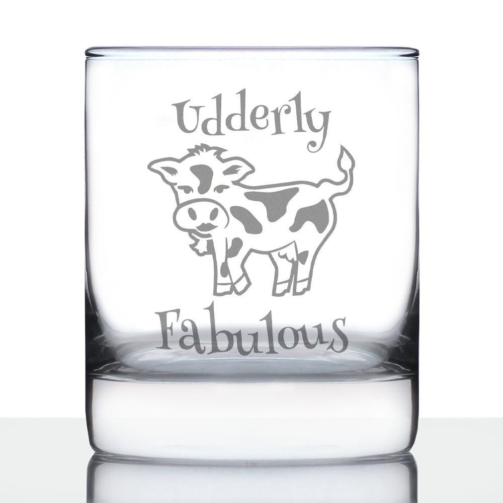 Udderly Fabulous Whiskey Rocks Glass - Funny Cute Cow Gifts for Women Who Love Drinking Whisky & Etched Sayings Decor - 10.25 oz