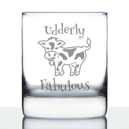 Udderly Fabulous Whiskey Rocks Glass - Funny Cute Cow Gifts for Women Who Love Drinking Whisky & Etched Sayings Decor - 10.25 oz