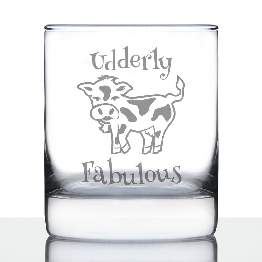 Udderly Fabulous Whiskey Rocks Glass - Funny Cute Cow Gifts for Women Who Love Drinking Whisky & Etched Sayings Decor - 10.25 oz