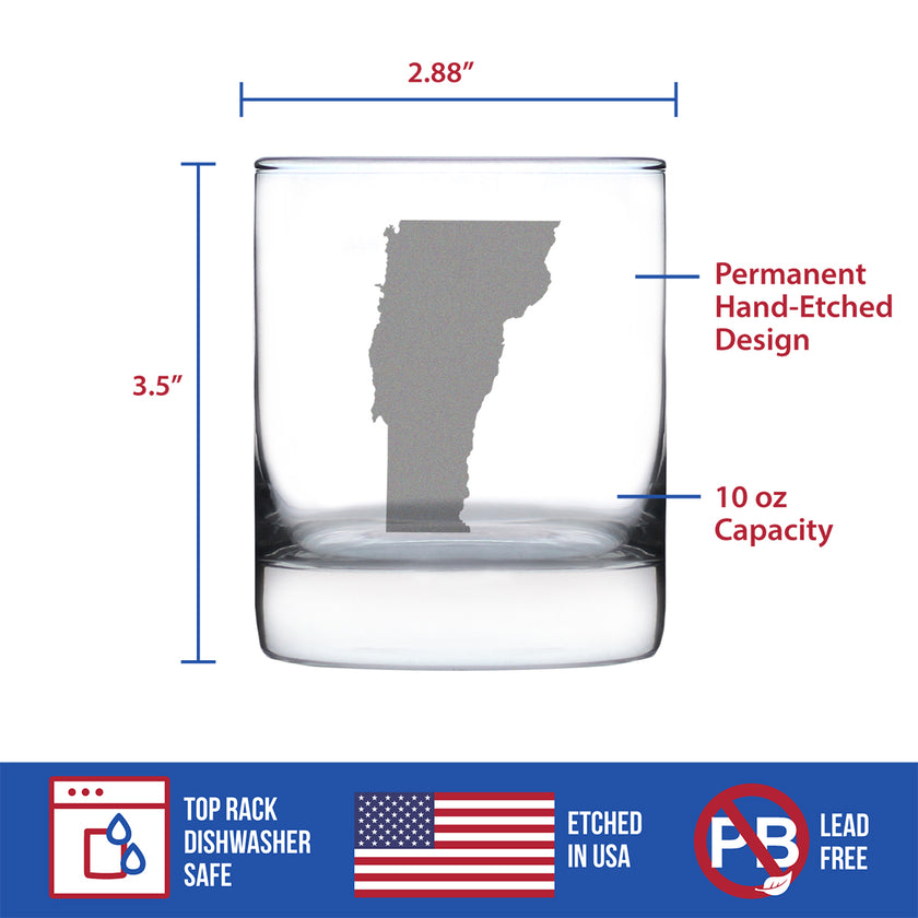 Vermont State Outline Whiskey Rocks Glass - State Themed Drinking Decor and Gifts for Vermonter Women & Men - 10.25 Oz Whisky Tumbler Glasses