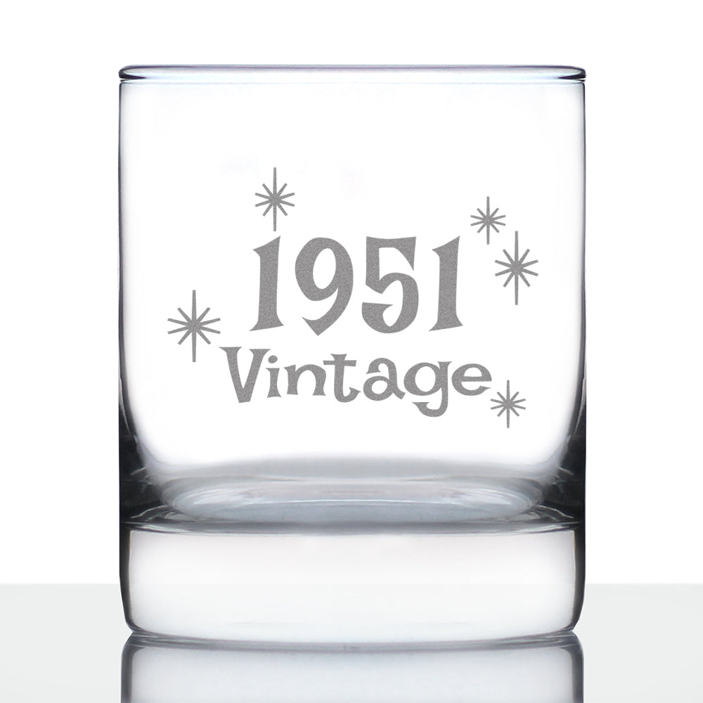 Vintage 1951 - Fun 75th Birthday Whiskey Rocks Glass Gifts for Men & Women Turning 75 - Retro Whisky Drinking Tumbler