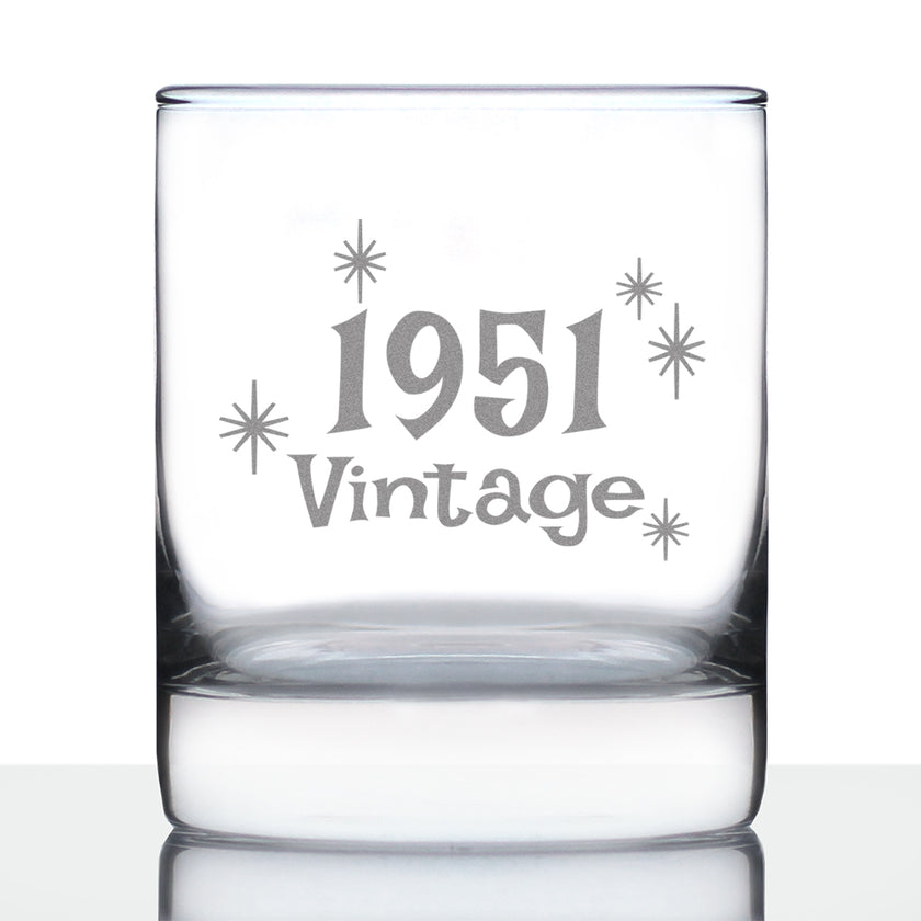 Vintage 1951 - Fun 75th Birthday Whiskey Rocks Glass Gifts for Men & Women Turning 75 - Retro Whisky Drinking Tumbler