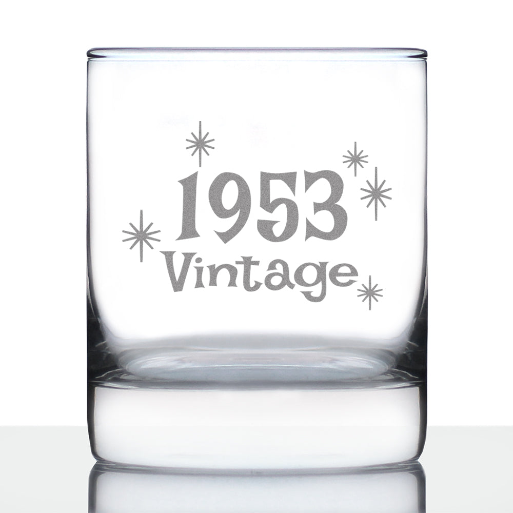 Vintage 1953 - Fun 73rd Birthday Whiskey Rocks Glass Gifts for Men & Women Turning 73 - Retro Whisky Drinking Tumbler