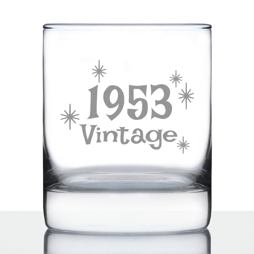 Vintage 1953 - Fun 73rd Birthday Whiskey Rocks Glass Gifts for Men & Women Turning 73 - Retro Whisky Drinking Tumbler