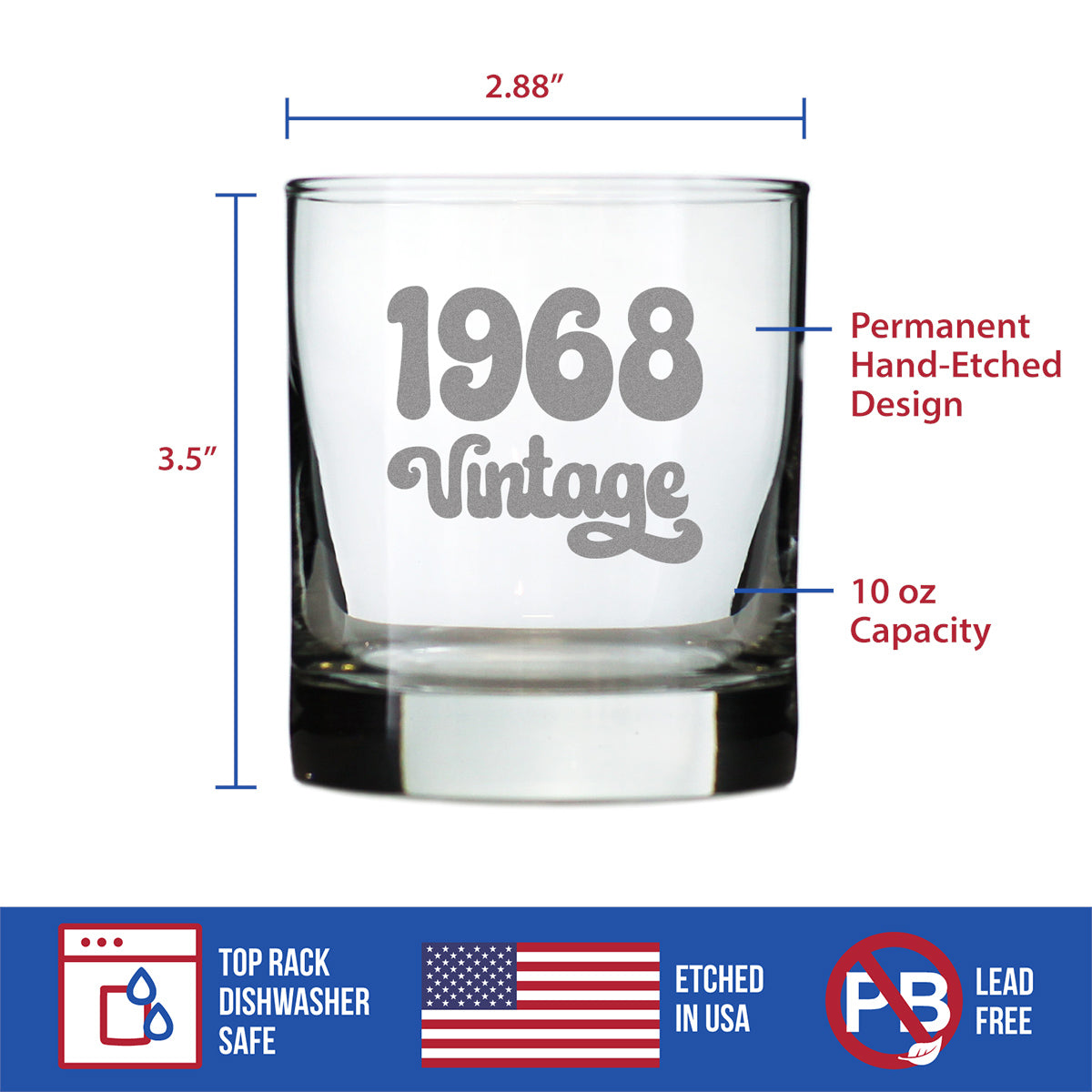 Vintage 1968 - Fun 55th Birthday Whiskey Rocks Glass Gifts for Men &amp; Women Turning 55 - Retro Whisky Drinking Tumbler