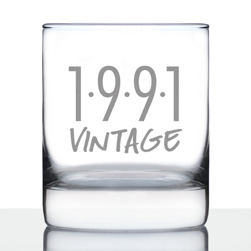 Vintage 1991 - Fun 35th Birthday Whiskey Rocks Glass Gifts for Men & Women Turning 35 - Retro Whisky Drinking Tumbler