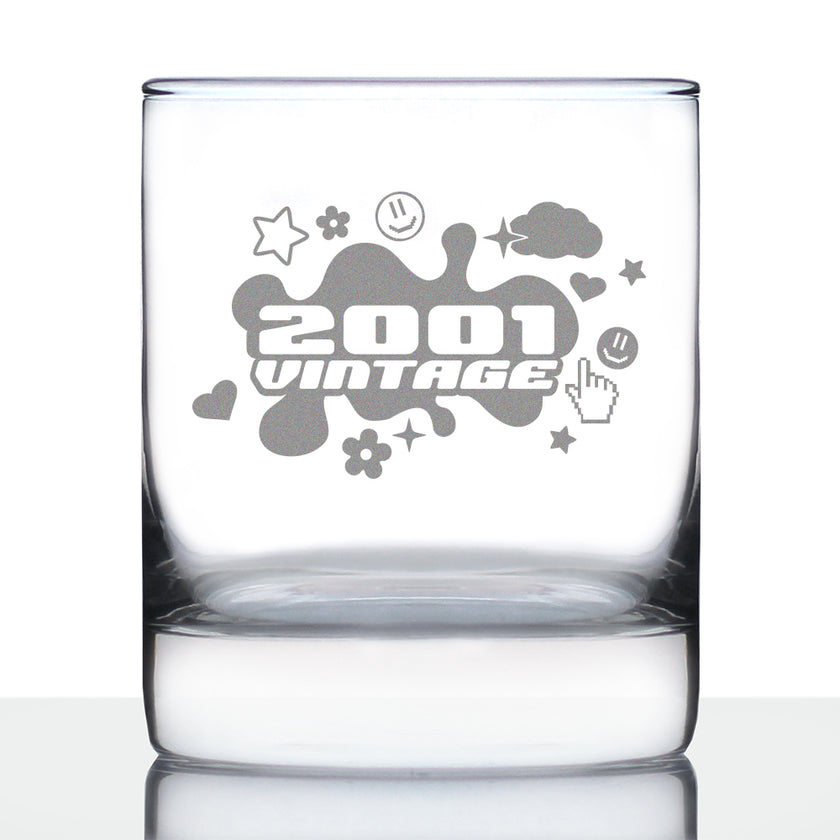 Vintage 2001 - Fun 25th Birthday Whiskey Rocks Glass Gifts for Men & Women Turning 25 - 10.25 Oz Whisky Tumbler Glasses