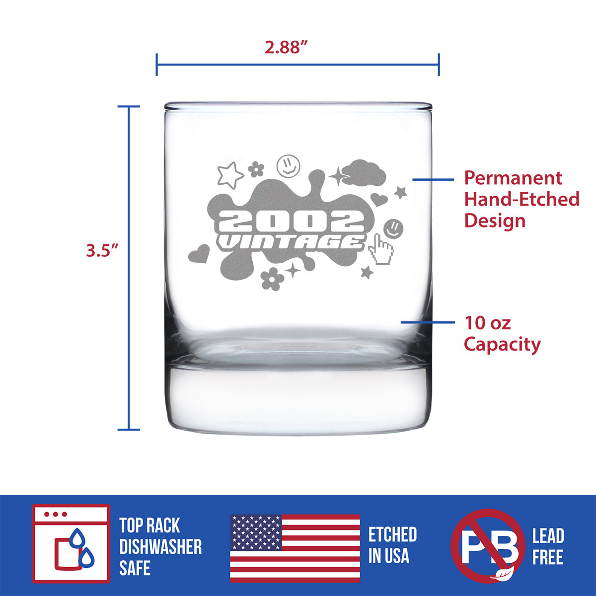 Vintage 2002 - Fun 22nd Birthday Whiskey Rocks Glass Gifts for Men &amp; Women Turning 22 - Retro Whisky Drinking Tumbler