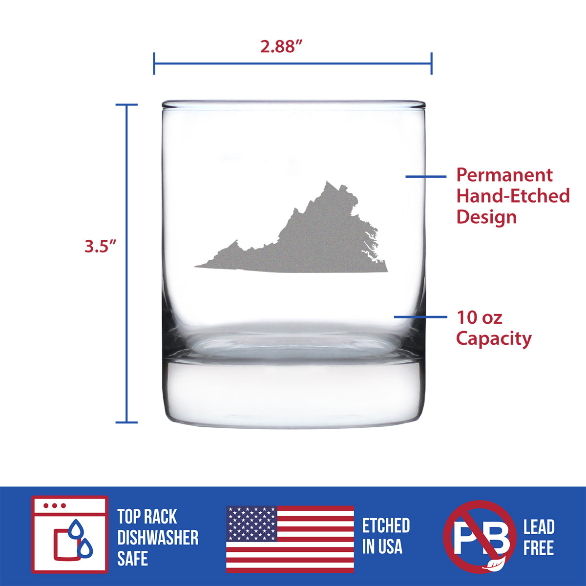 Virginia State Outline Whiskey Rocks Glass - State Themed Drinking Decor and Gifts for Virginian Women &amp; Men - 10.25 Oz Whisky Tumbler Glasses