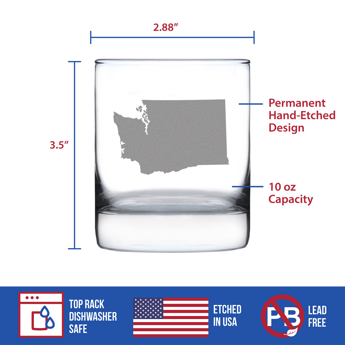 Washington State Outline Whiskey Rocks Glass - State Themed Drinking Decor and Gifts for Washingtonian Women &amp; Men - 10.25 Oz Whisky Tumbler Glasses