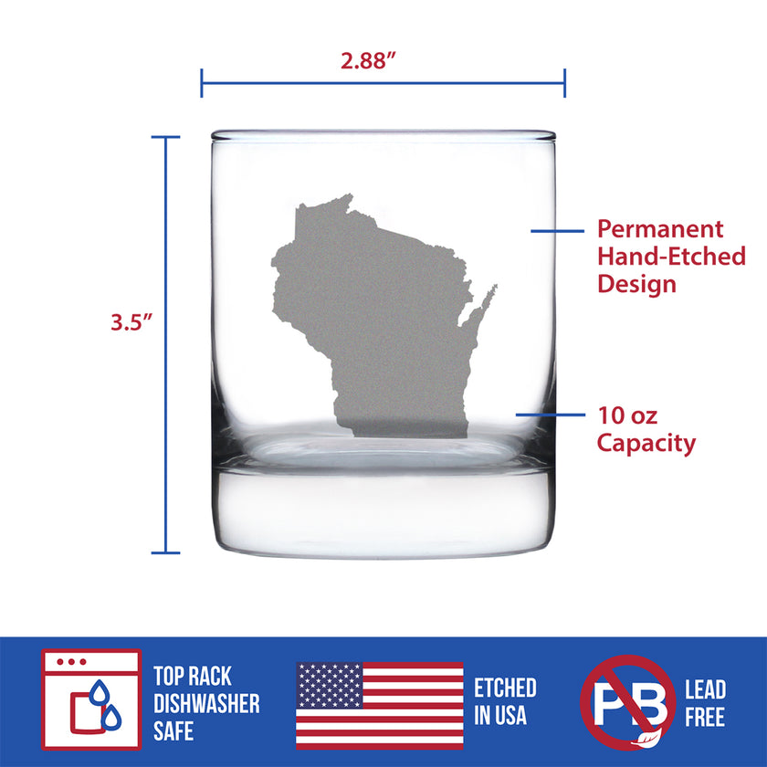 Wisconsin State Outline Whiskey Rocks Glass - State Themed Drinking Decor and Gifts for Wisconsinite Women & Men - 10.25 Oz Whisky Tumbler Glasses