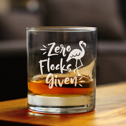 Zero Flocks Given - Funny Flamingo Whiskey Rocks Glass - Bird Gifts for Men & Women - Fun Whisky Tumbler Decor