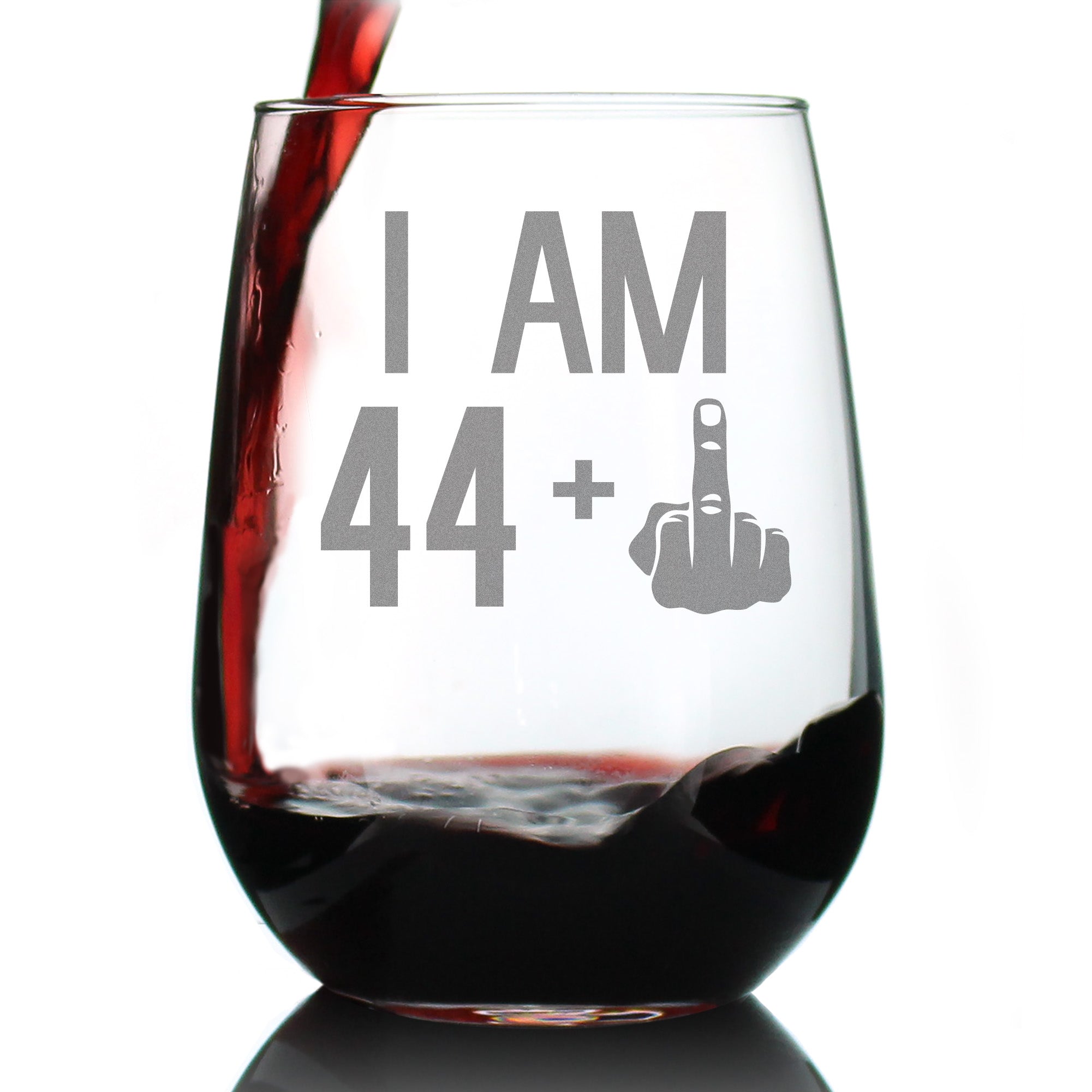 44 + 1 Middle Finger - 45th Birthday Stemless Wine Glass for Women & Men - Cute Funny Wine Gift Idea - Unique Personalized Bday Glasses for Mom, Dad, Friend Turning 45 - Drinking Party Decoration
