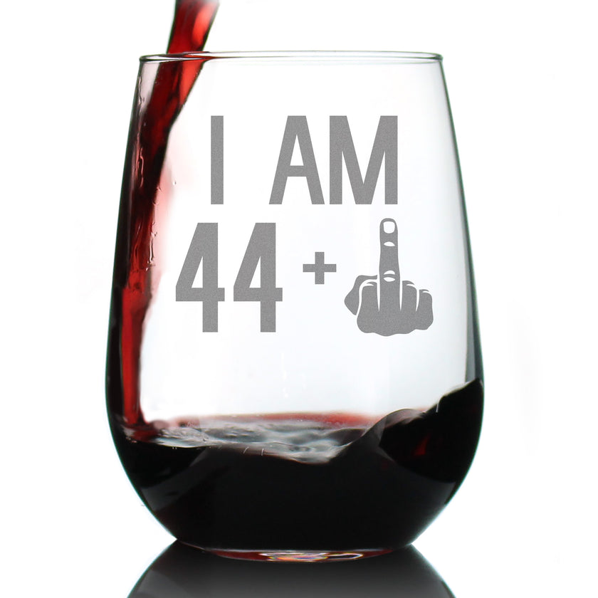 44 + 1 Middle Finger - 45th Birthday Stemless Wine Glass for Women & Men - Cute Funny Wine Gift Idea - Unique Personalized Bday Glasses for Mom, Dad, Friend Turning 45 - Drinking Party Decoration