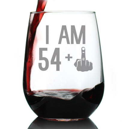 54 + 1 Middle Finger - 55th Birthday Stemless Wine Glass for Women & Men - Cute Funny Wine Gift Idea - Unique Personalized Bday Glasses for Mom, Dad, Friend Turning 55 - Drinking Party Decoration