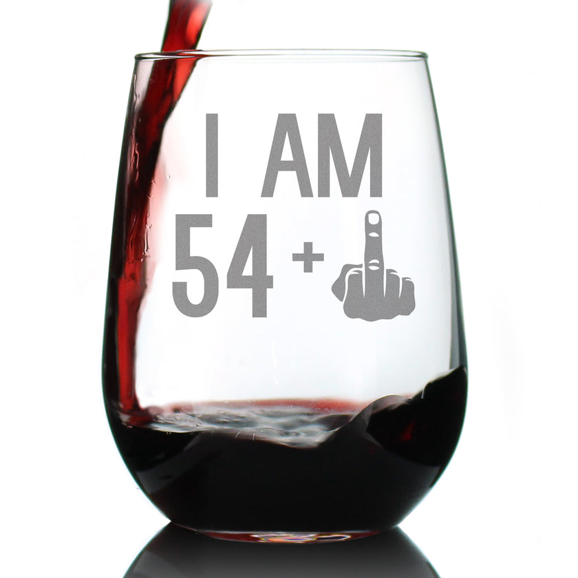 54 + 1 Middle Finger - 55th Birthday Stemless Wine Glass for Women & Men - Cute Funny Wine Gift Idea - Unique Personalized Bday Glasses for Mom, Dad, Friend Turning 55 - Drinking Party Decoration