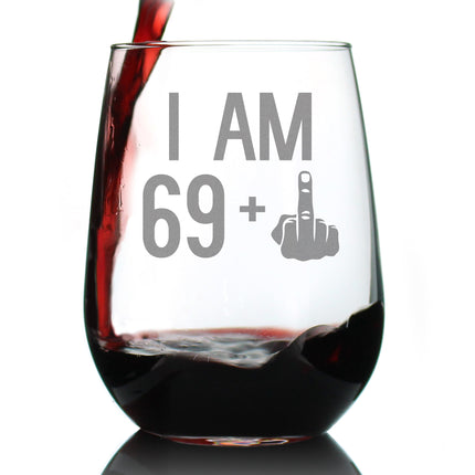 69 + 1 Middle Finger - 70th Birthday Stemless Wine Glass for Women & Men - Cute Funny Wine Gift Idea - Unique Personalized Bday Glasses for Mom, Dad, Friend Turning 70 - Drinking Party Decoration