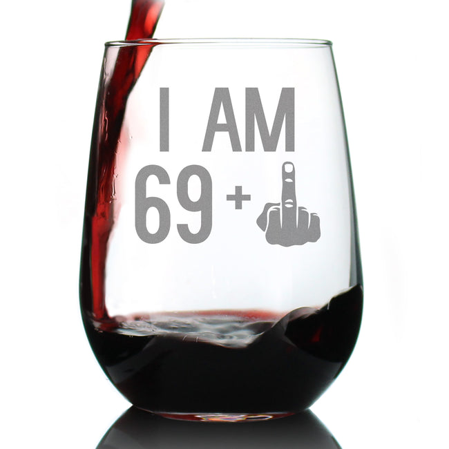 69 + 1 Middle Finger - 70th Birthday Stemless Wine Glass for Women & Men - Cute Funny Wine Gift Idea - Unique Personalized Bday Glasses for Mom, Dad, Friend Turning 70 - Drinking Party Decoration