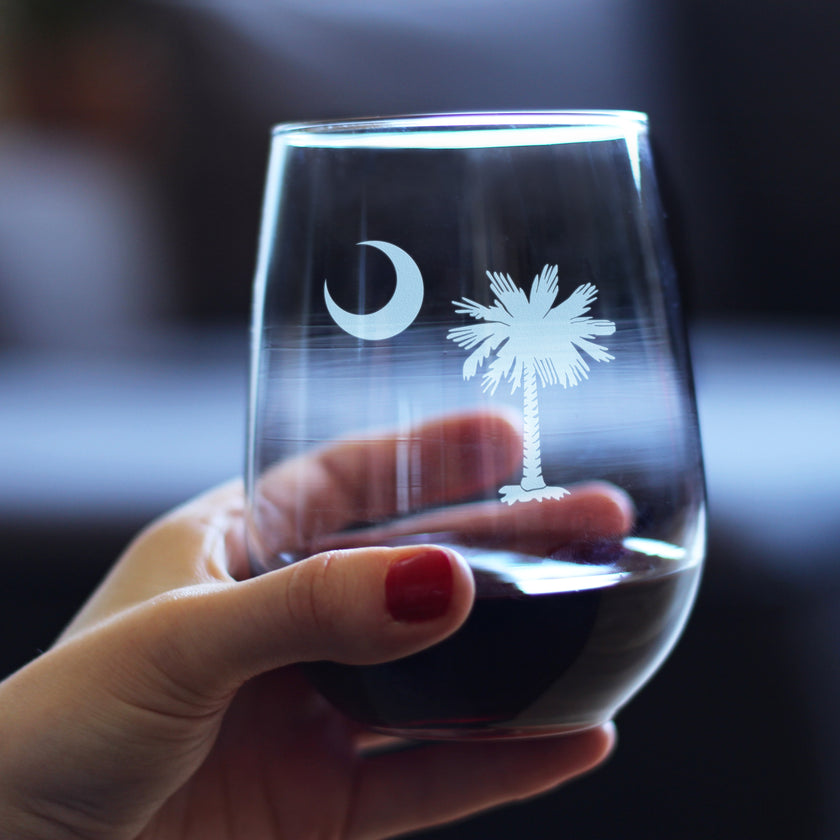 South Carolina Flag Stemless Wine Glass - State Themed Drinking Decor and Gifts for South Carolinian Women & Men - Large 17 Oz Glasses