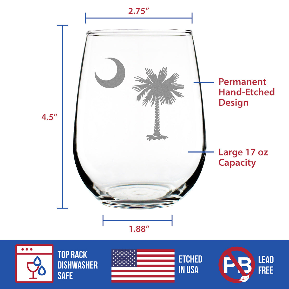 South Carolina Flag Stemless Wine Glass - State Themed Drinking Decor and Gifts for South Carolinian Women & Men - Large 17 Oz Glasses