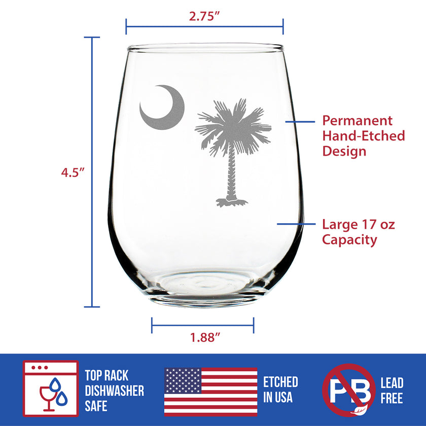 South Carolina Flag Stemless Wine Glass - State Themed Drinking Decor and Gifts for South Carolinian Women & Men - Large 17 Oz Glasses