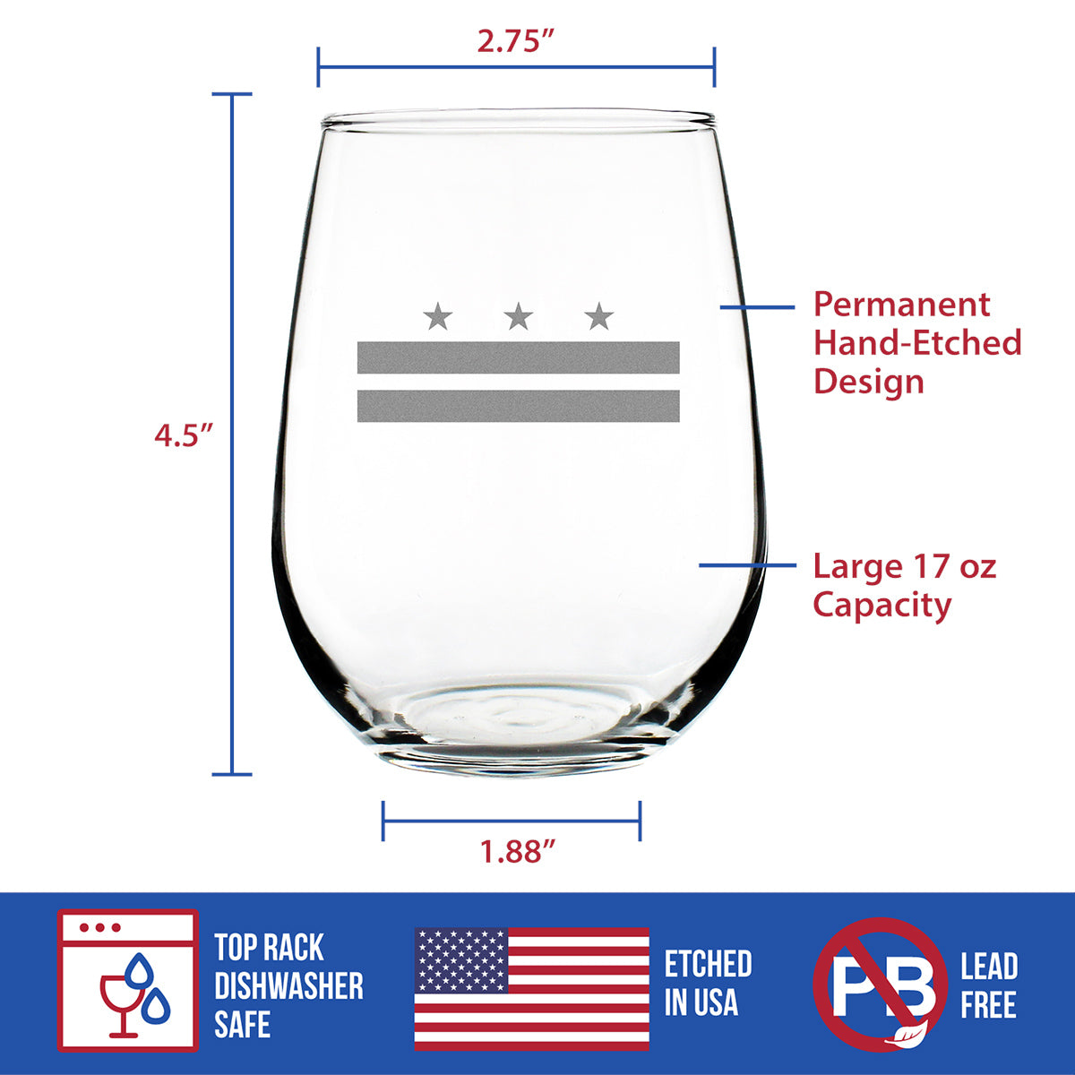 Washington DC Flag Stemless Wine Glass - State Themed Drinking Decor and Gifts for Washingtonian Women &amp; Men - Large 17 Oz Glasses