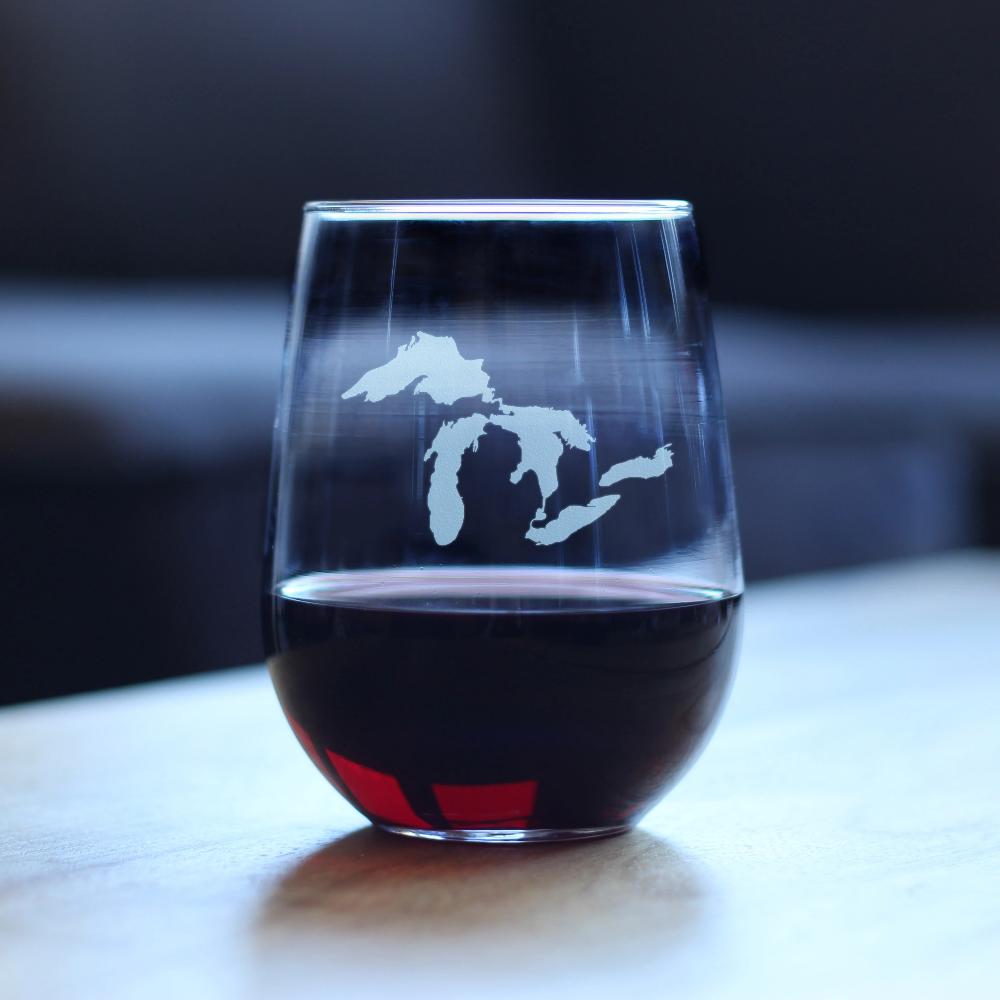 Great Lakes Map Stemless Wine Glass - Large Glasses - Unique Engraved Glassware Art Gifts for Midwestern Women &amp; Men