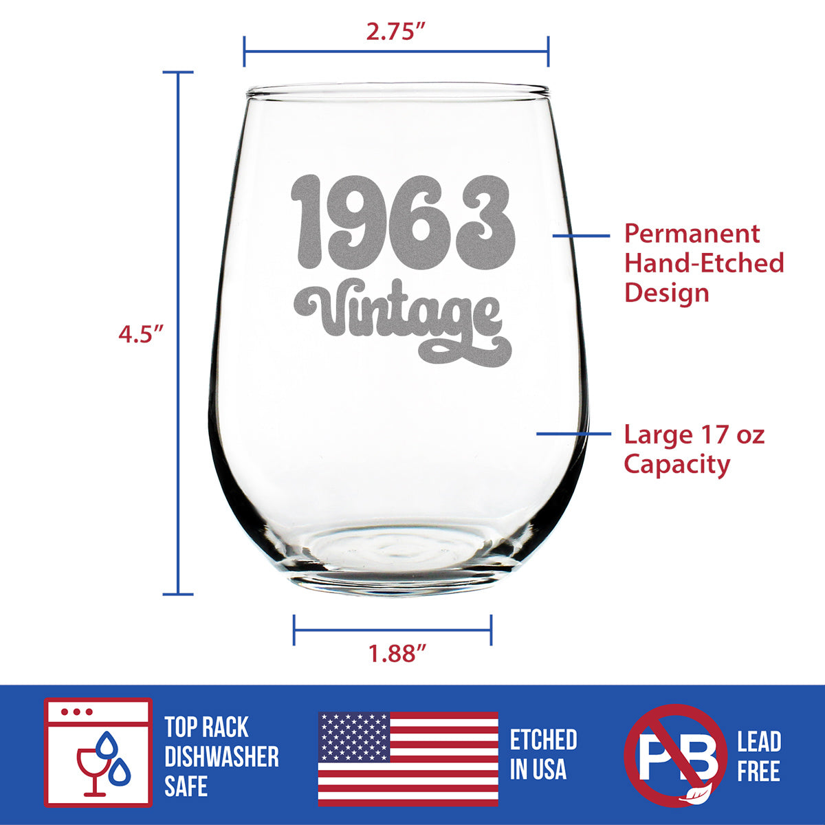 Vintage 1963-60th Birthday Stemless Wine Glass Gifts for Women &amp; Men Turning 60 - Bday Party Decor - Large Glasses