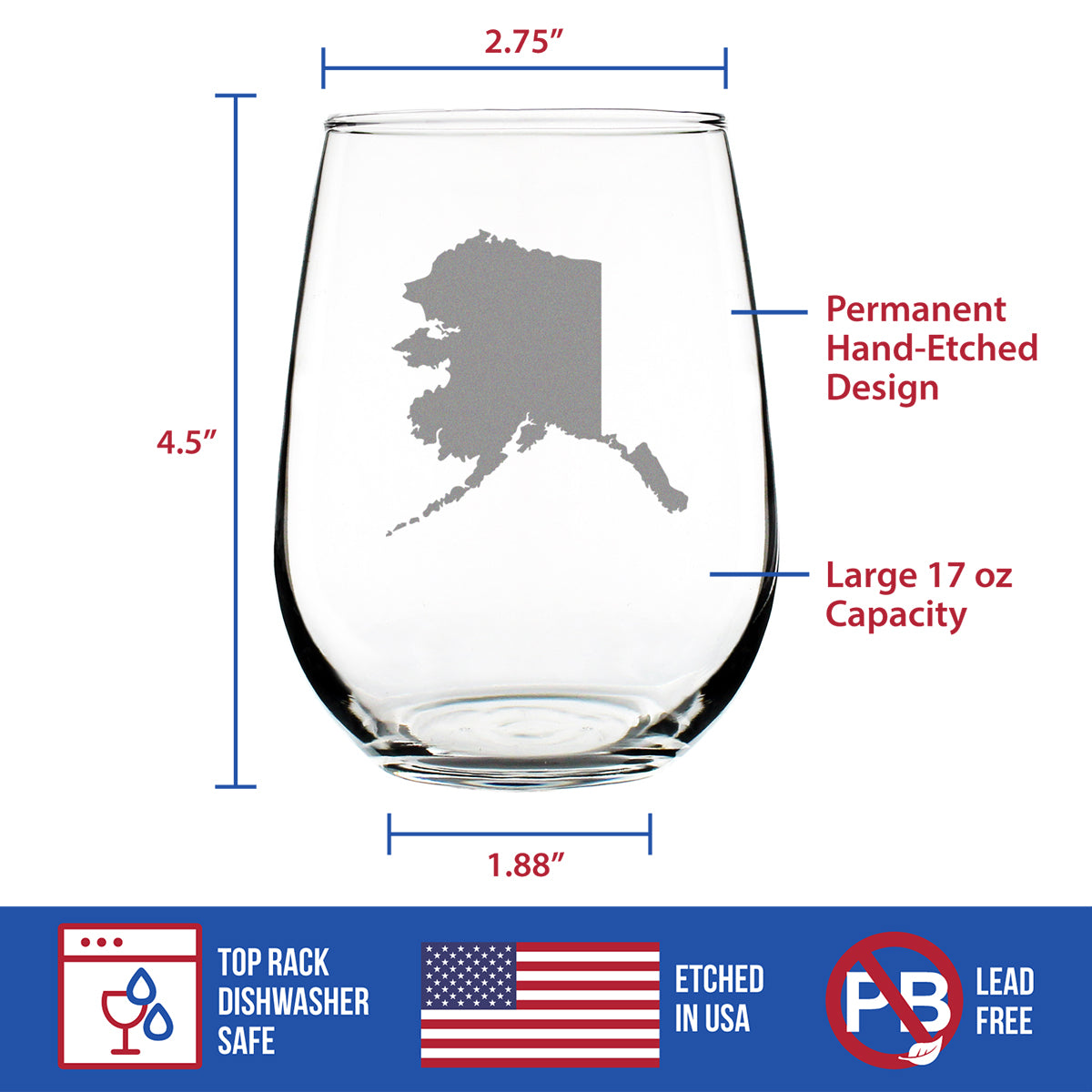 Alaska State Outline Stemless Wine Glass - State Themed Drinking Decor and Gifts for Alaskan Women &amp; Men - Large 17 Oz Glasses
