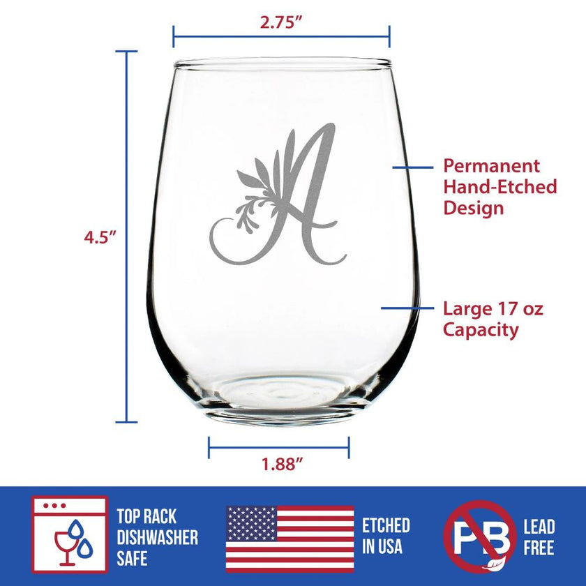 Monogram Floral Letter A - Stemless Wine Glass - Personalized Gifts for Women and Men - Large Engraved Glasses