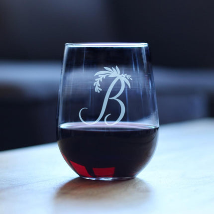 Monogram Floral Letter B - Stemless Wine Glass - Personalized Gifts for Women and Men - Large Engraved Glasses