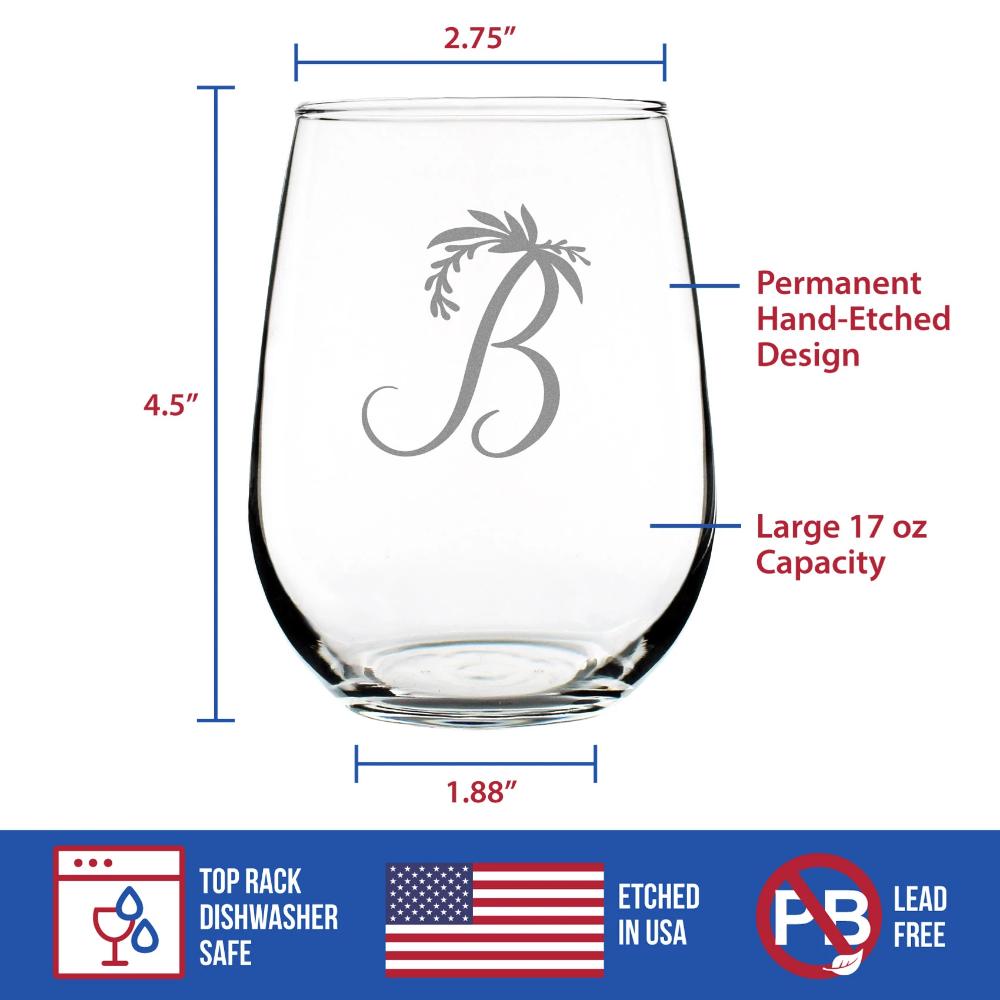 Monogram Floral Letter B - Stemless Wine Glass - Personalized Gifts for Women and Men - Large Engraved Glasses