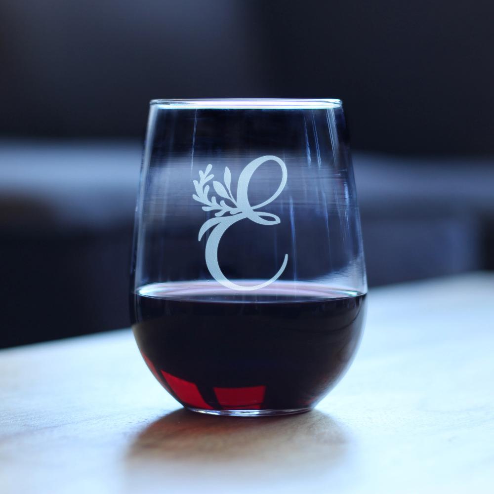 Monogram Floral Letter E - Stemless Wine Glass - Personalized Gifts for Women and Men - Large Engraved Glasses