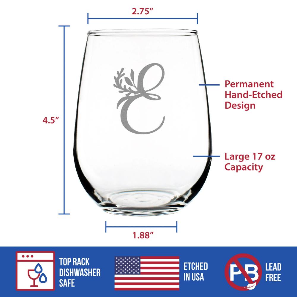 Monogram Floral Letter E - Stemless Wine Glass - Personalized Gifts for Women and Men - Large Engraved Glasses