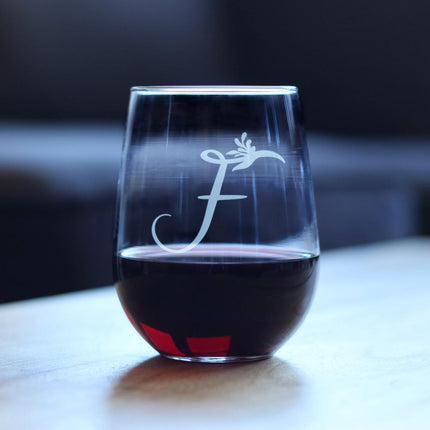 Monogram Floral Letter F - Stemless Wine Glass - Personalized Gifts for Women and Men - Large Engraved 17 Oz Glasses