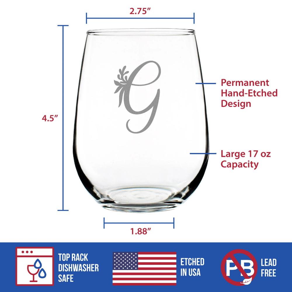 Monogram Floral Letter G - Stemless Wine Glass - Personalized Gifts for Women and Men - Large Engraved 17 Oz Glasses