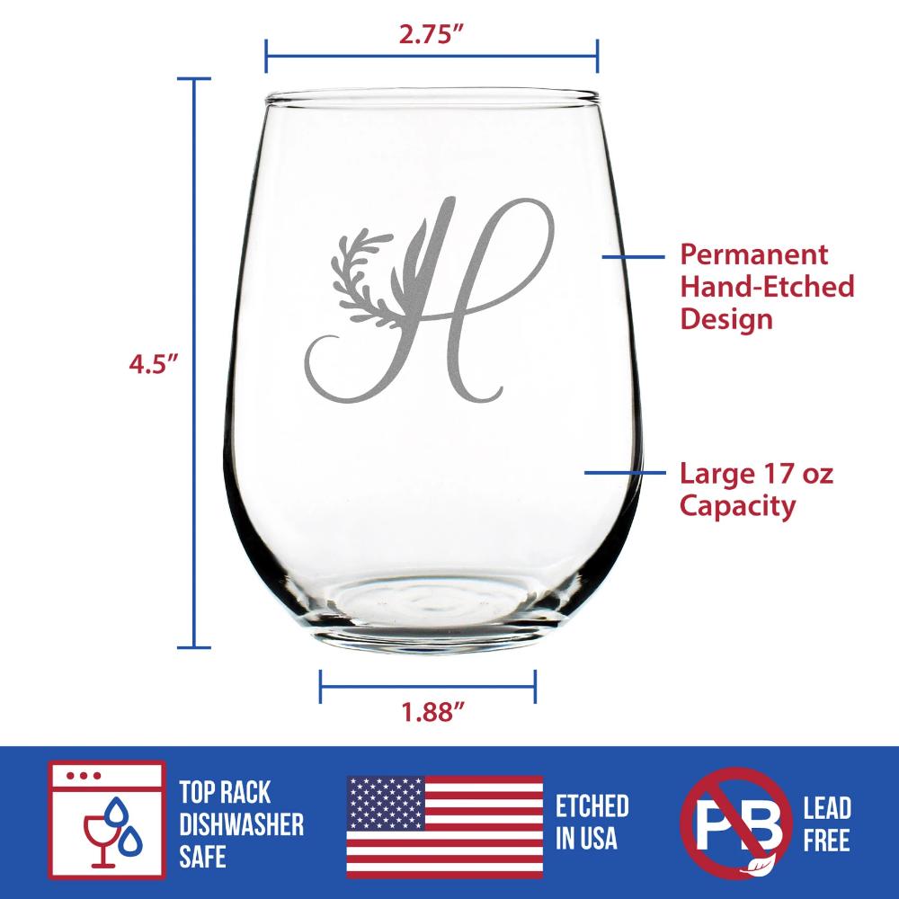 Monogram Floral Letter H - Stemless Wine Glass - Personalized Gifts for Women and Men - Large Engraved Glasses