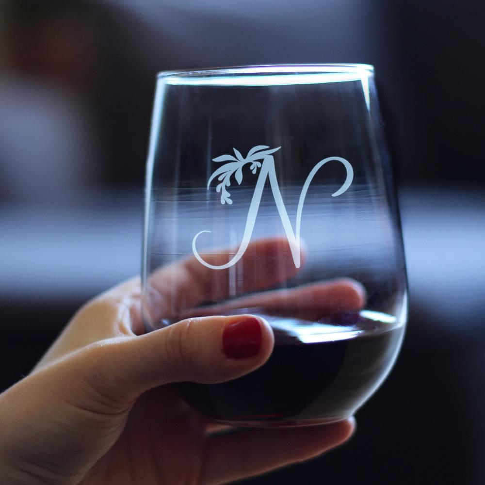 Monogram Floral Letter N - Stemless Wine Glass - Personalized Gifts for Women and Men - Large Engraved 17 Oz Glasses