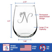 Monogram Floral Letter N - Stemless Wine Glass - Personalized Gifts for Women and Men - Large Engraved 17 Oz Glasses