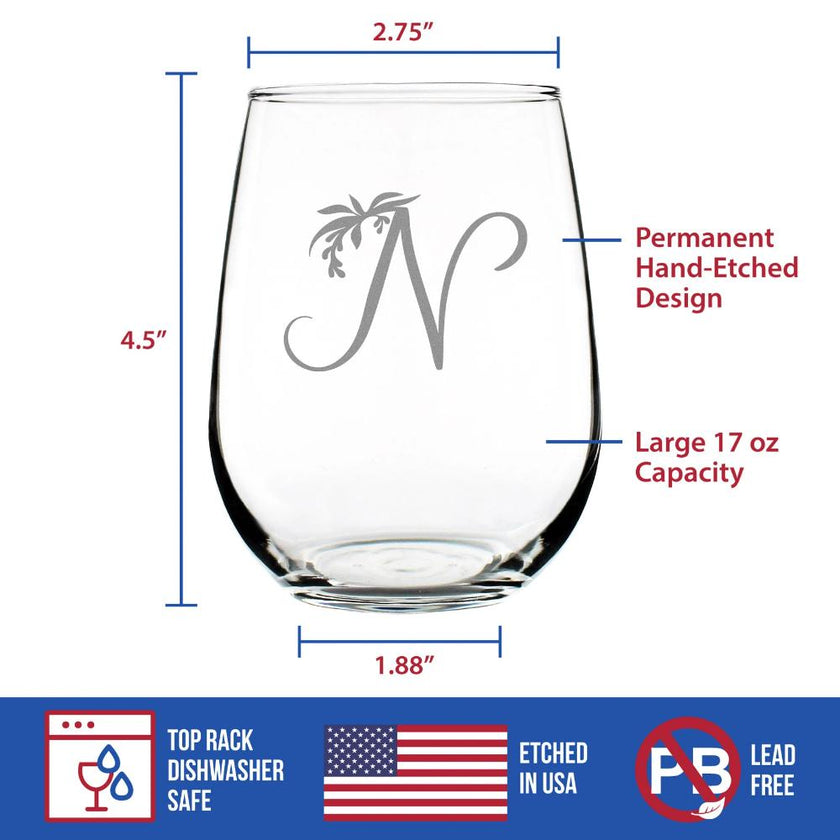 Monogram Floral Letter N - Stemless Wine Glass - Personalized Gifts for Women and Men - Large Engraved 17 Oz Glasses