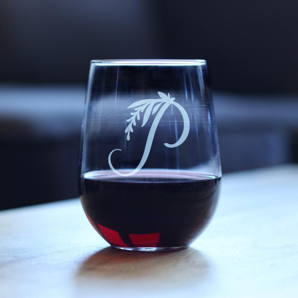 Monogram Floral Letter P - Stemless Wine Glass - Personalized Gifts for Women and Men - Large Engraved Glasses