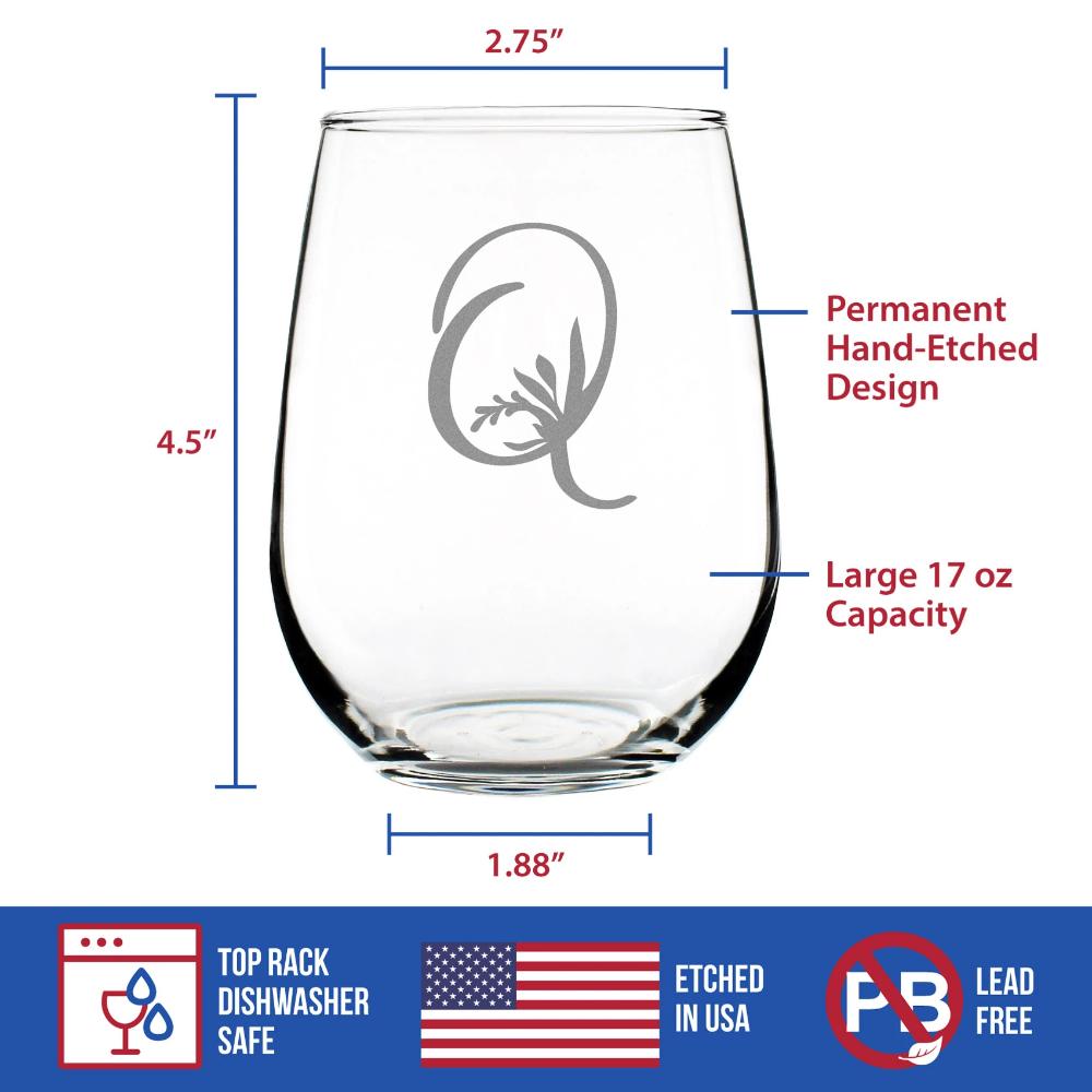Monogram Floral Letter Q - Stemless Wine Glass - Personalized Gifts for Women and Men - Large Engraved 17 Oz Glasses