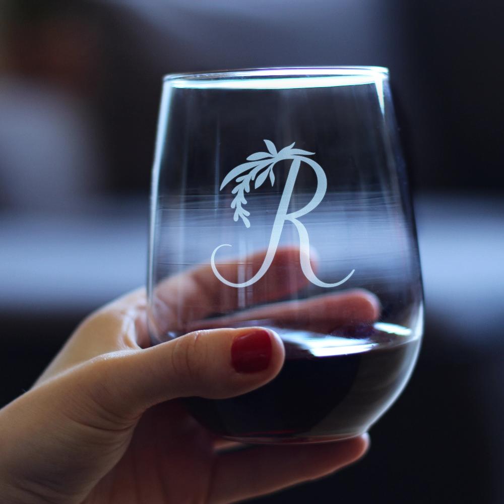 Monogram Floral Letter R - Stemless Wine Glass - Personalized Gifts for Women and Men - Large Engraved 17 Oz Glasses