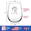 Monogram Floral Letter R - Stemless Wine Glass - Personalized Gifts for Women and Men - Large Engraved 17 Oz Glasses
