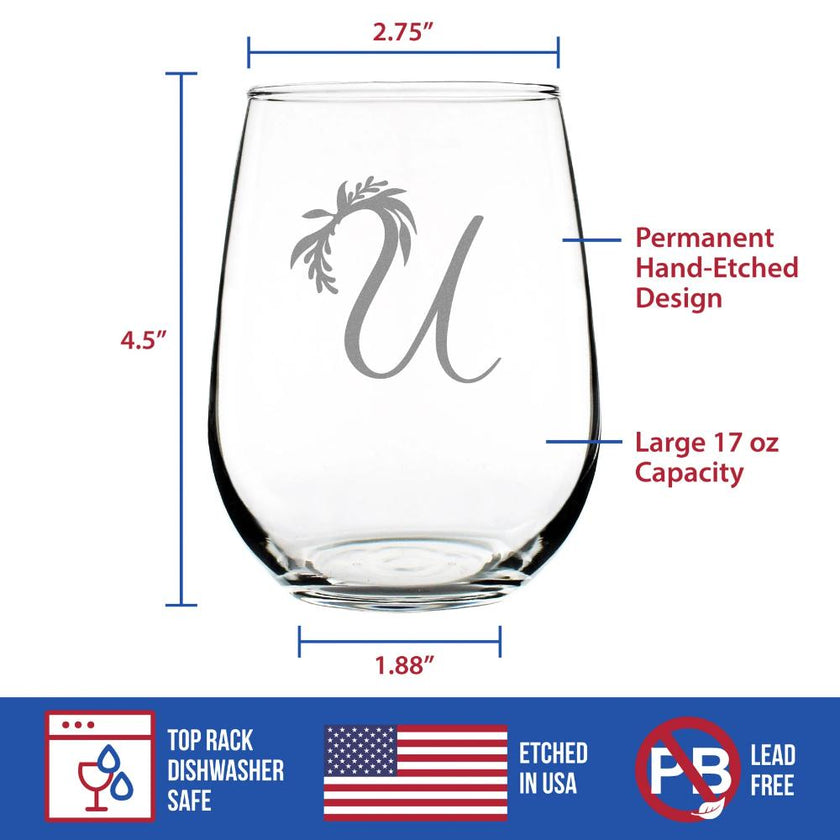Monogram Floral Letter U - Stemless Wine Glass - Personalized Gifts for Women and Men - Large Engraved 17 Oz Glasses