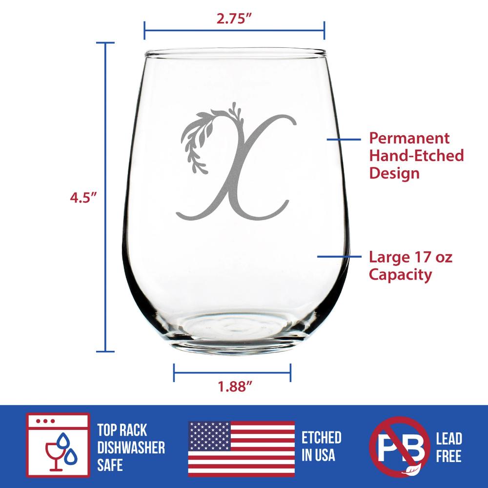 Monogram Floral Initial Letter X - 17 Ounce Stemless Wine Glass