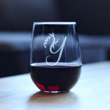 Monogram Floral Letter Y - Stemless Wine Glass - Personalized Gifts for Women and Men - Large Engraved 17 Oz Glasses